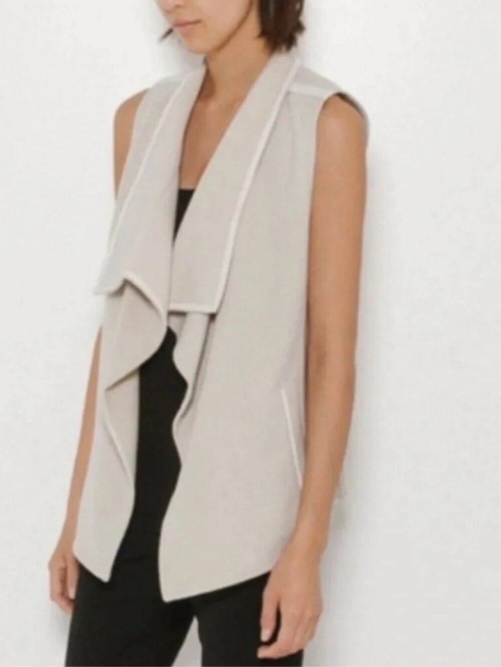 Vince Cream Wool Blend Leather Trimmed Drape Open Front Vest